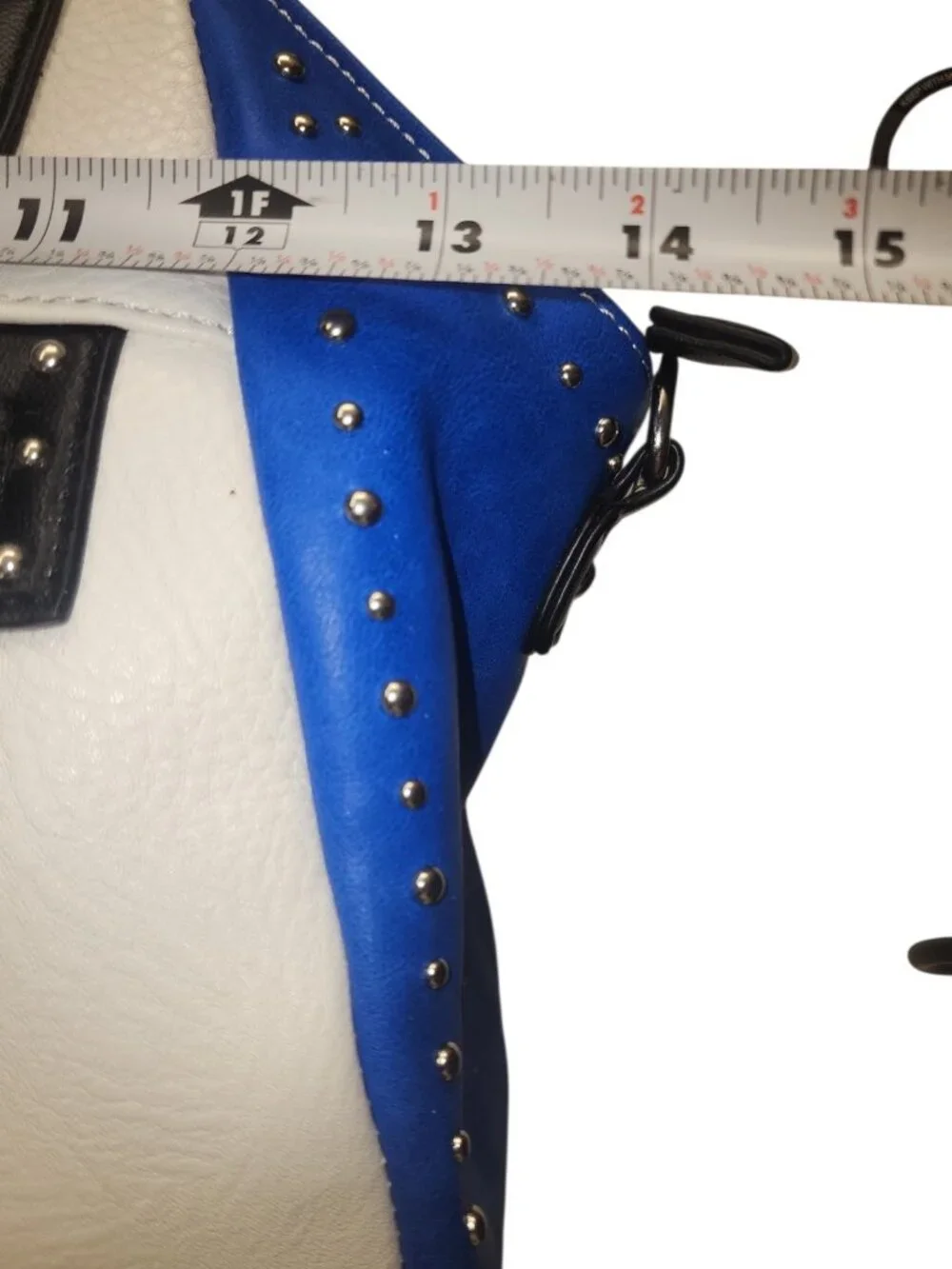 Studded Satchel Bag Color Block Cobalt Blue White Moto Rocker Chic Top Handle - Picture 15 of 16